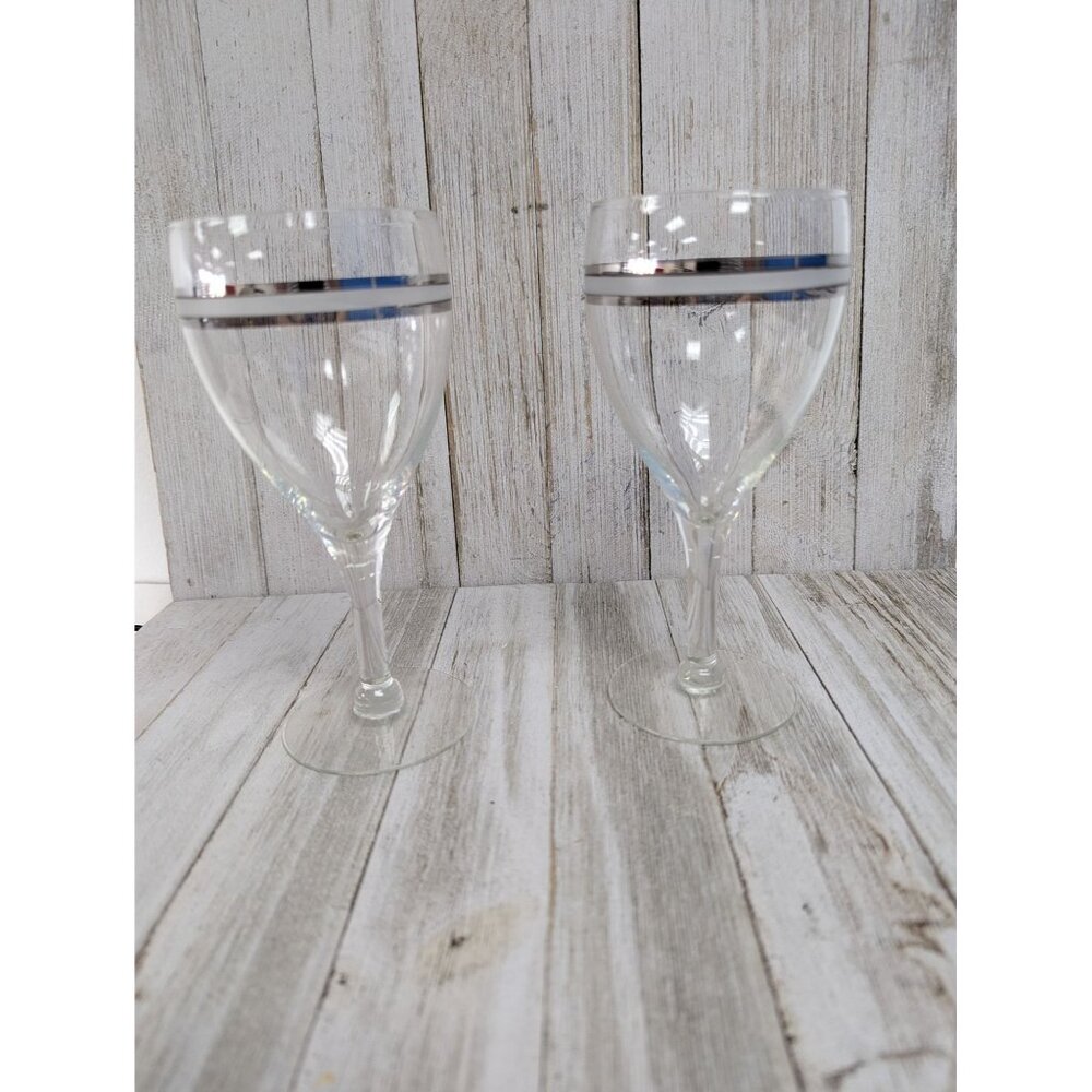 Wine Goblets Champagne Glasses 6 7/8" Stemmed Set of 2 Silver Bands